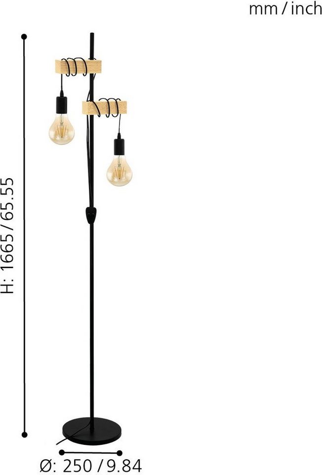 EGLO Stehlampe TOWNSHEND Stehlampe, Holz, Stahl, Retro, Industrial, Wickeloptik, ohne Leuchtmittel, Wohnzimmer, Standleuchte, 2-flammig, schwarz, braun, 166,5x2 – Bild 4 von 5