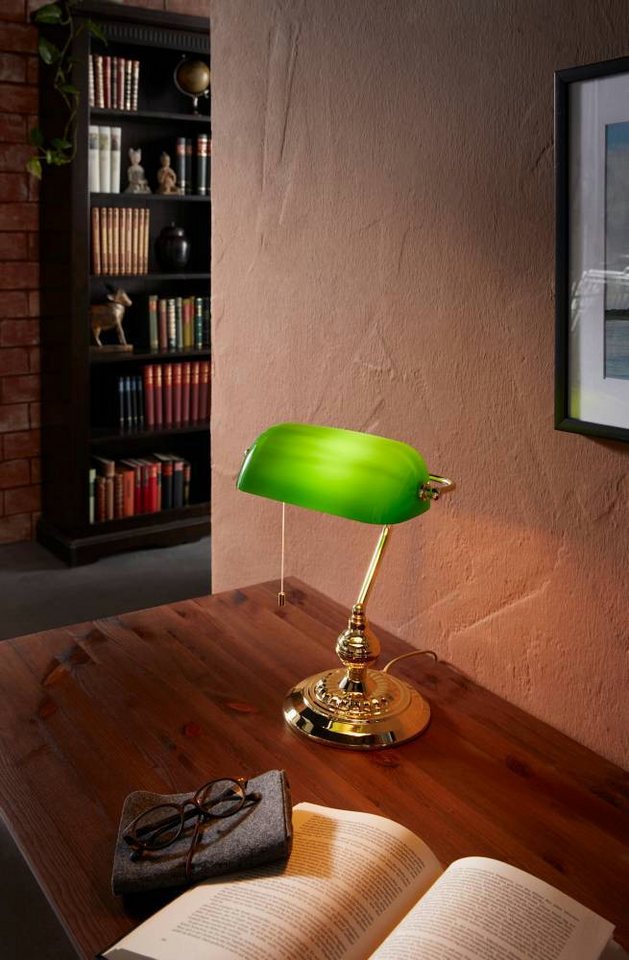 EGLO Tischleuchte BANKER, Ein-/Ausschalter, ohne Leuchtmittel, Lampe für Schreibtisch, in messing und grün, mit Zug-Schalter, E27 – Bild 2 von 5