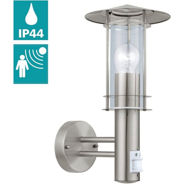 EGLO Wandleuchte LISIO Wandlampe, Edelstahl und Glas, E27, IP44, Außenlampe, Lampe, Bewegungsmelder, Leuchtdauer einstellbar, ohne Leuchtmittel, Wandleuchte, Te