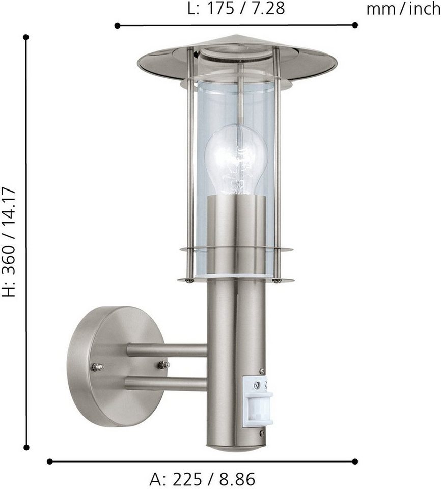 EGLO Wandleuchte LISIO Wandlampe, Edelstahl und Glas, E27, IP44, Außenlampe, Lampe, Bewegungsmelder, Leuchtdauer einstellbar, ohne Leuchtmittel, Wandleuchte, Te – Bild 2 von 5