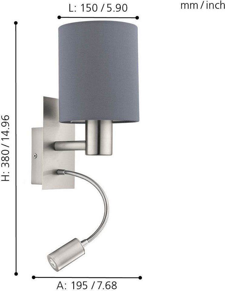 EGLO Wandleuchte PASTERI, Ein-/Ausschalter, Lesearm, LED fest integriert, ohne Leuchtmittel, Warmweiß, Wandlampe, Spot, Metall und Textil, E27 – Bild 3 von 5