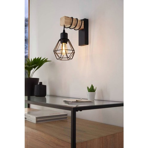 EGLO Wandleuchte TOWNSHEND 5 Wandlampe, Stahl und Holz, E27, IP20, Wohnzimmerlampe, ohne Leuchtmittel, Wand-/Deckenleuchte, Wohnzimmer, L14 x H27,5 cm, schwarz,