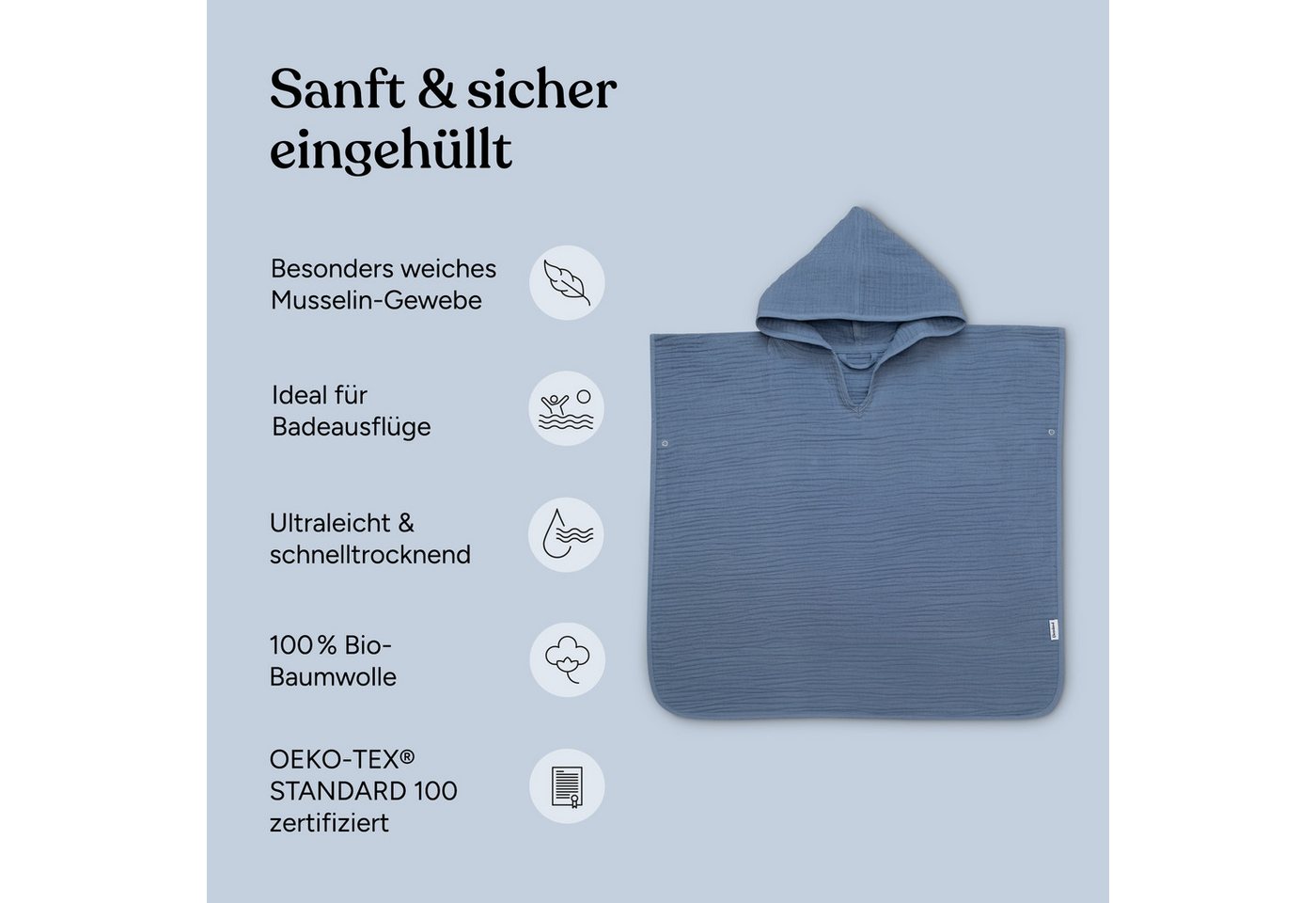 Ehrenkind Badeponcho Musselin, aus sanfter Bio-Baumwolle, 4-lagiges Musselin-Gewebe – Bild 3 von 5