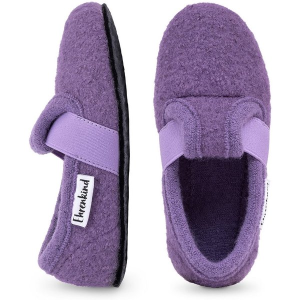 Ehrenkind Gemütliche, flache Kinder-Hausschuhe aus reiner Schurwolle Hüttenschuhe (atmungsaktiv & temperaturregulierend, rutschfest, Flieder) ideal für Kinderga