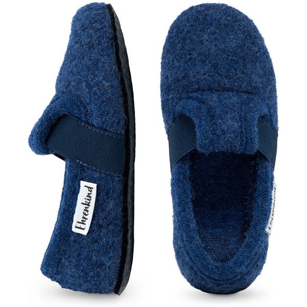 Ehrenkind Gemütliche, flache Kinder-Hausschuhe aus reiner Schurwolle Hüttenschuhe (atmungsaktiv & temperaturregulierend, rutschfest, Jeansblau) ideal für Kinder