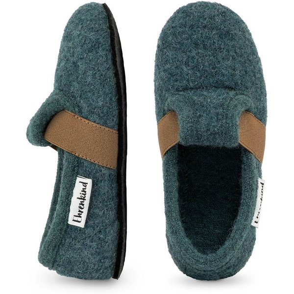 Ehrenkind Gemütliche, flache Kinder-Hausschuhe aus reiner Schurwolle Hüttenschuhe (atmungsaktiv & temperaturregulierend, rutschfest, Waldgrün) ideal für Kinderg
