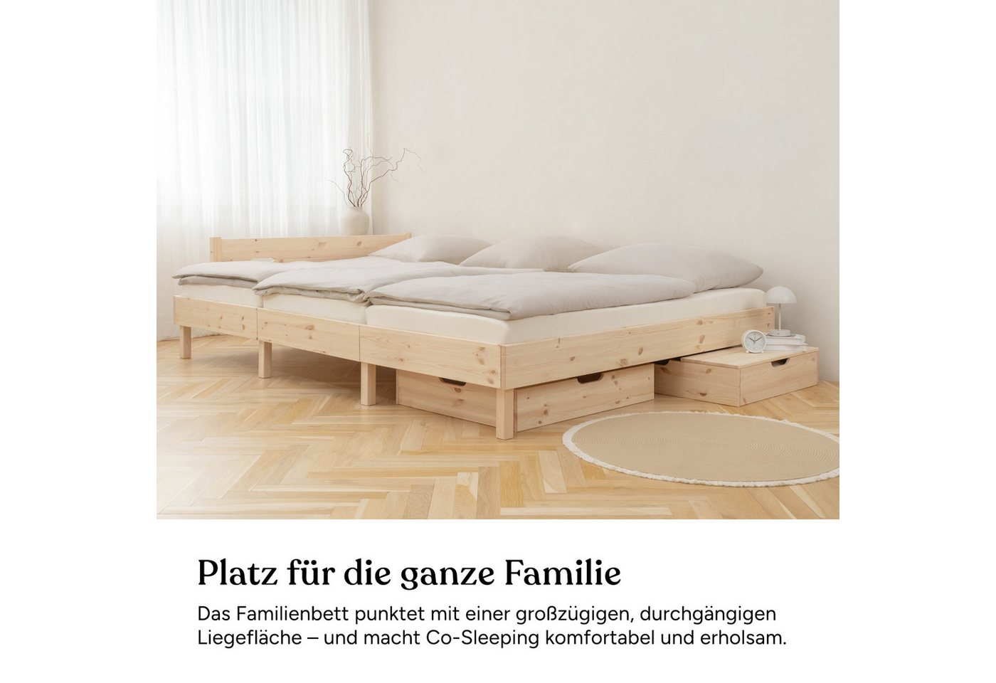 Ehrenkind Holzbett Plano, Modulares Familienbett, FSC® Zertifiziert (Familienbett, 270x200 cm, Kiefernholz naturbelassen, modular erweiterbar mit Zubehör und we – Bild 2 von 5