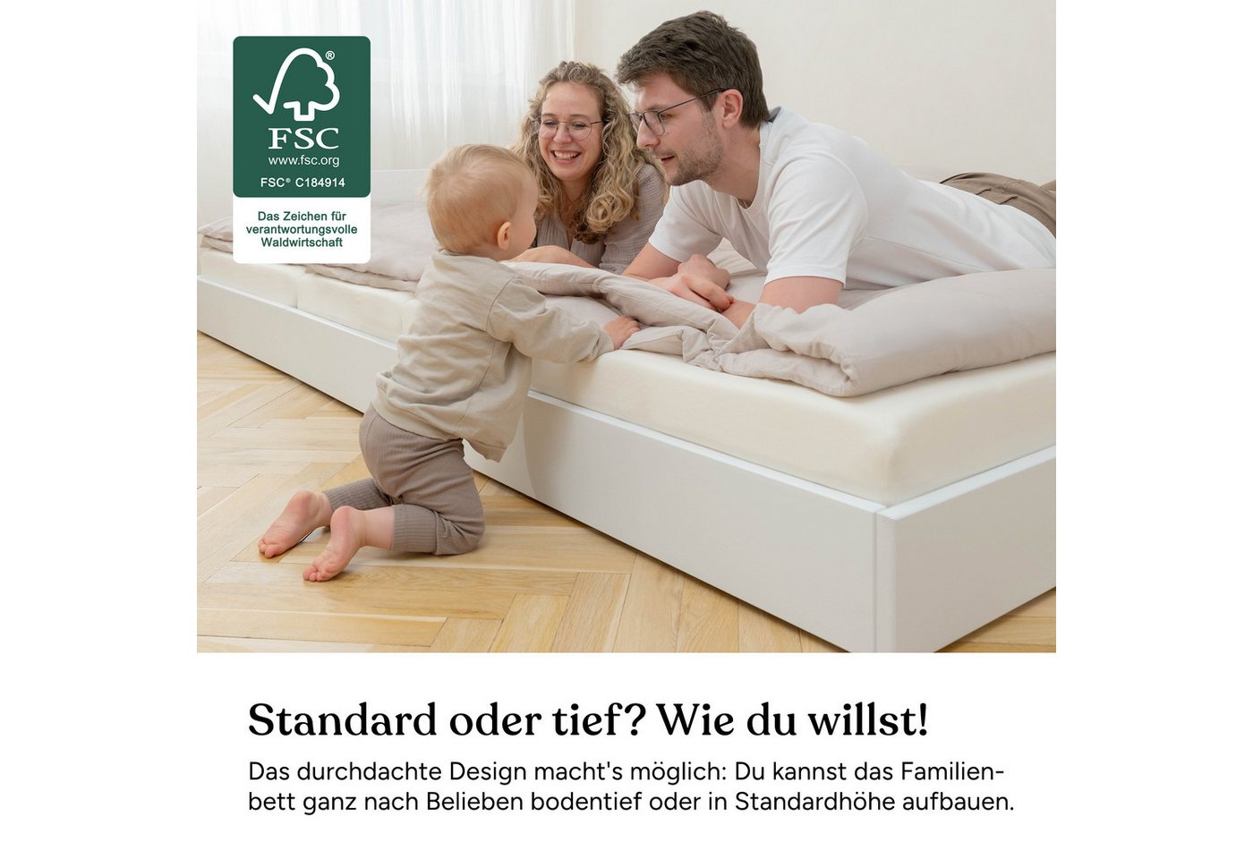 Ehrenkind Holzbett Plano, Modulares Familienbett, FSC® Zertifiziert (Familienbett, 270x200 cm, Kiefernholz naturbelassen, modular erweiterbar mit Zubehör und we – Bild 4 von 5