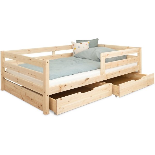 Ehrenkind Kinderbett Sona aus massivem Kiefernholz mit Rausfallschutz (Jugendbett in Natur, Kinder Bett), Kinderbett 90x200 cm
