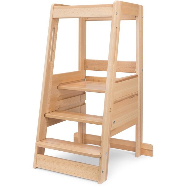 Ehrenkind Stehhilfe Lernturm mit extra Kleinkindstufe, Montessori Tritthocker für Kinder (Buche transparent lackiert, 3-fach höhenverstellbarer Standfläche), ge