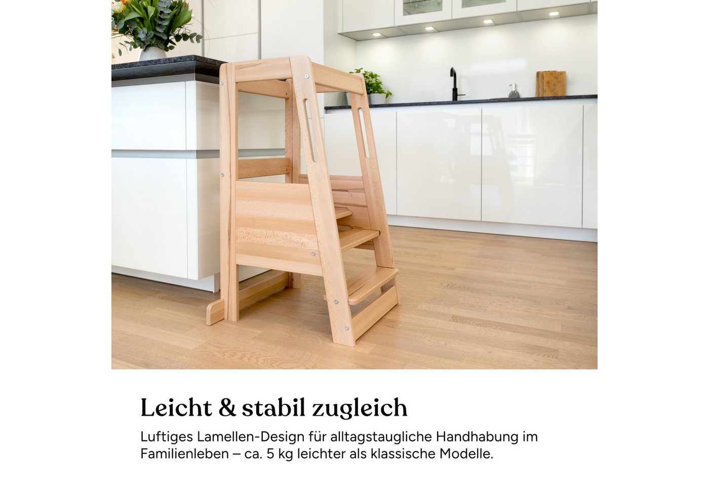 Ehrenkind Stehhilfe Lernturm mit extra Kleinkindstufe, Montessori Tritthocker für Kinder (Buche transparent lackiert, 3-fach höhenverstellbarer Standfläche), ge – Bild 2 von 5