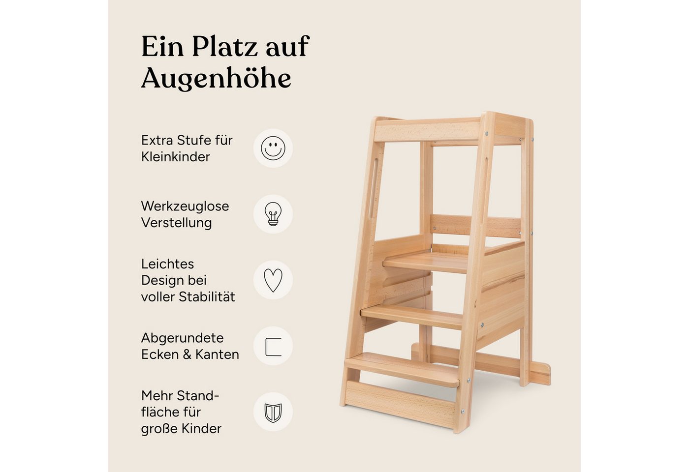 Ehrenkind Stehhilfe Lernturm mit extra Kleinkindstufe, Montessori Tritthocker für Kinder (Buche transparent lackiert, 3-fach höhenverstellbarer Standfläche), ge – Bild 3 von 5