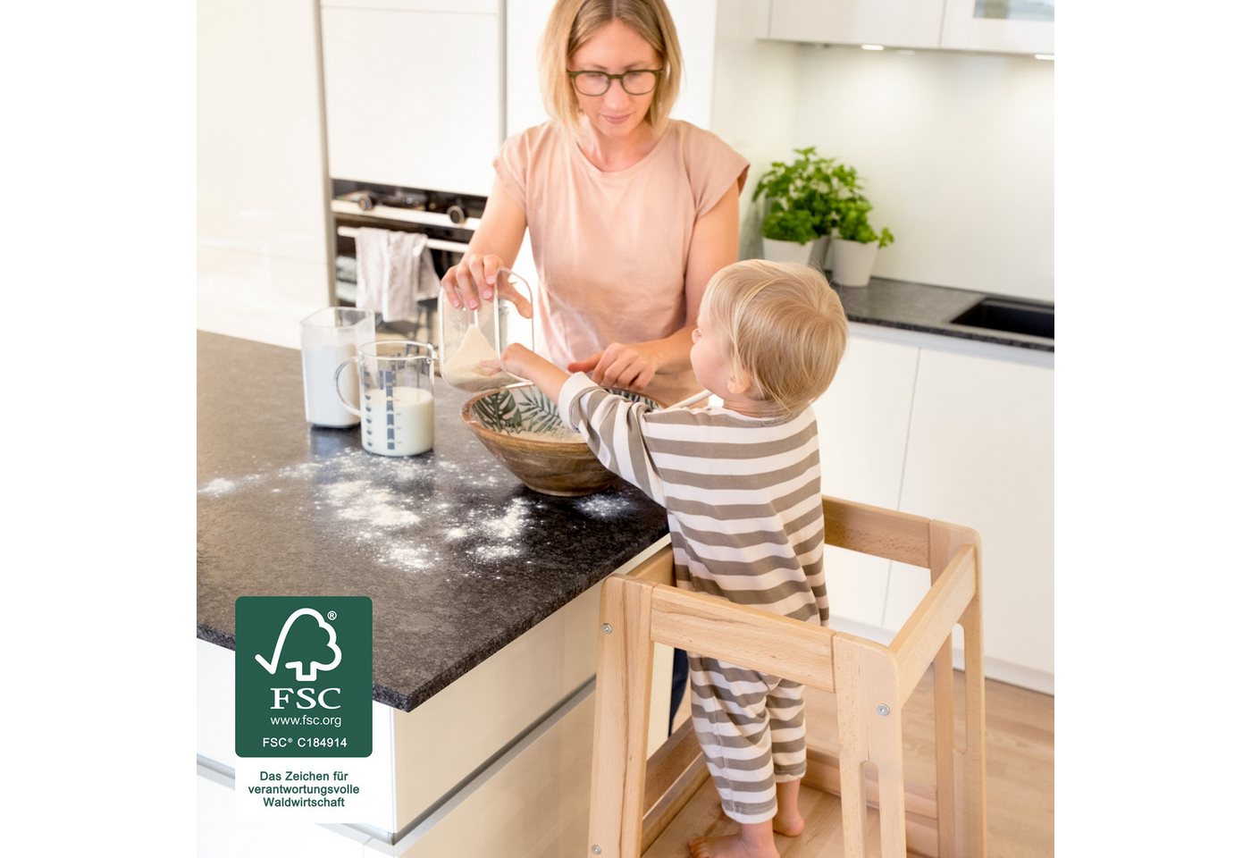 Ehrenkind Stehhilfe Lernturm mit extra Kleinkindstufe, Montessori Tritthocker für Kinder (Buche transparent lackiert, 3-fach höhenverstellbarer Standfläche), ge – Bild 4 von 5