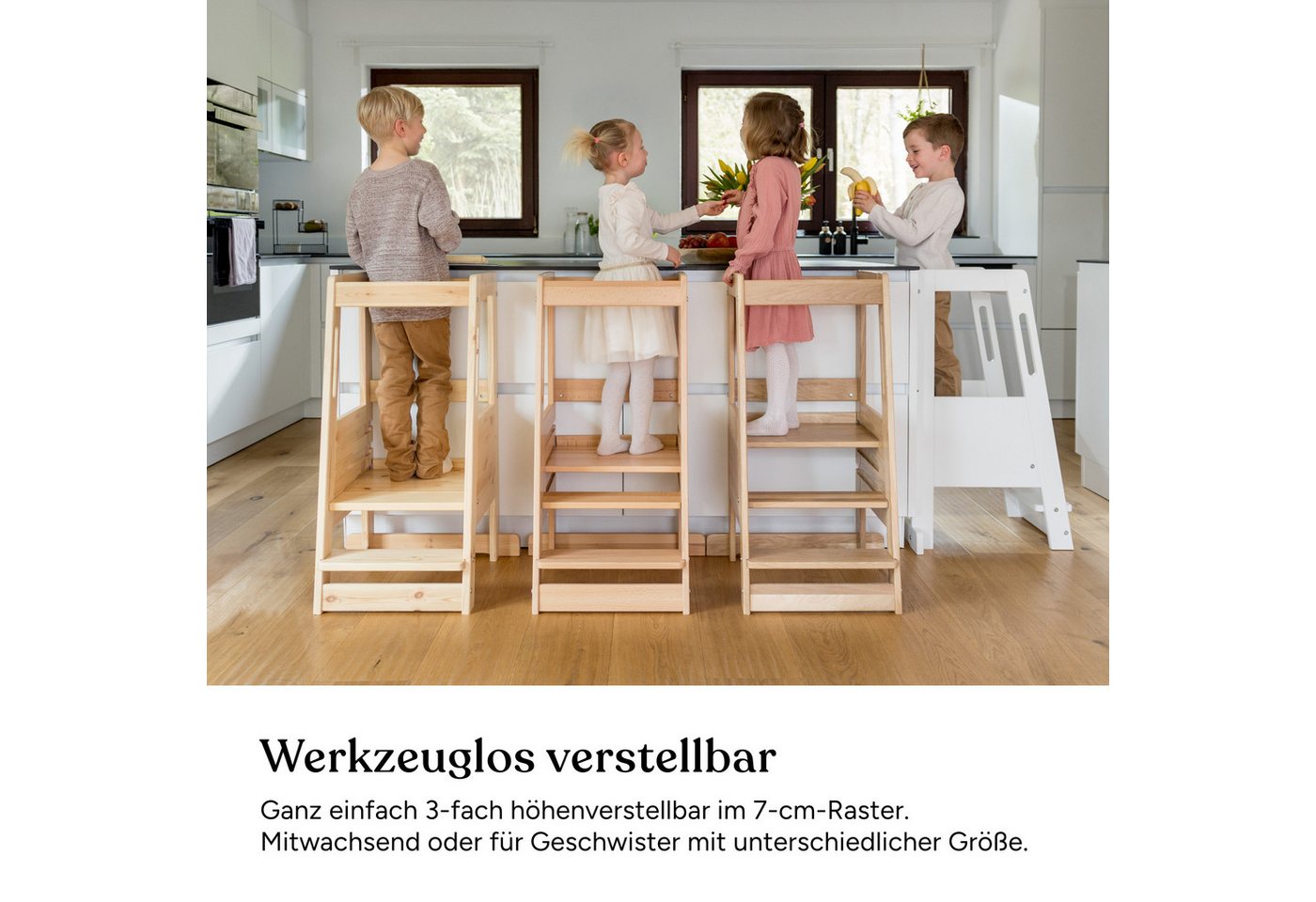 Ehrenkind Stehhilfe Lernturm mit extra Kleinkindstufe, Montessori Tritthocker für Kinder (Buche transparent lackiert, 3-fach höhenverstellbarer Standfläche), ge – Bild 5 von 5