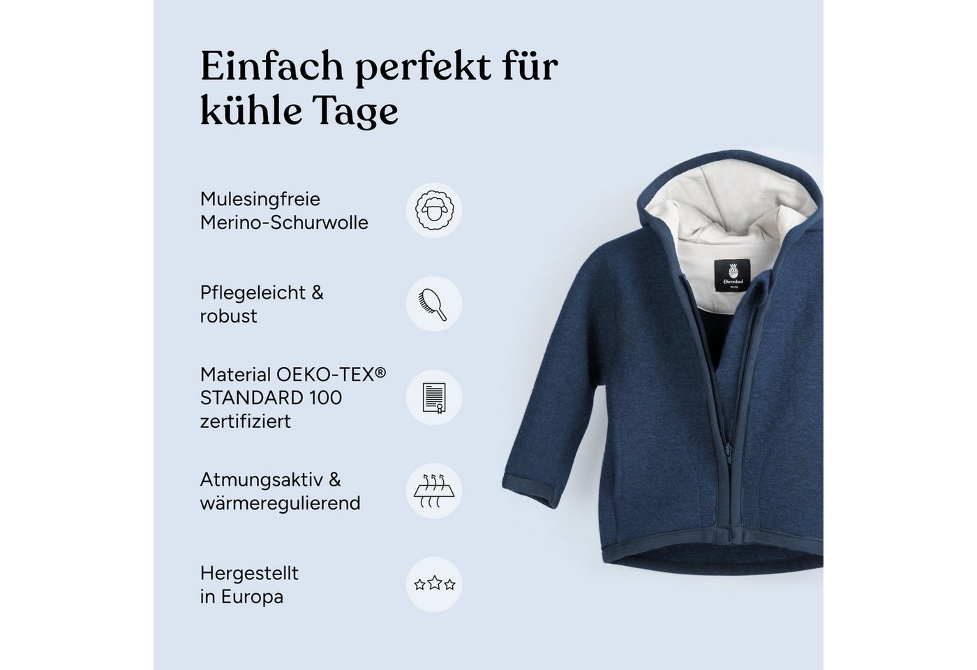 Ehrenkind Walkjacke, Jacke für Kinder aus Merino Schurwolle mit Reißverschluss (aus hochwertiger Walkwolle, atmungsaktiv und temperaturausgleichend) Jacke für J – Bild 3 von 5