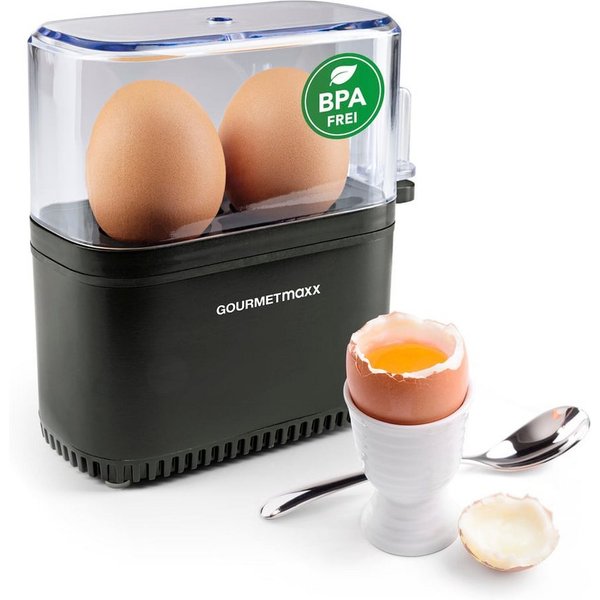 GOURMETmaxx Eierkocher GOURMETmaxx Design-Eierkocher für 2 Frühstückseier, 250 W, für perfekte Frühstückseier, mit Messbecher & Ei-Pick