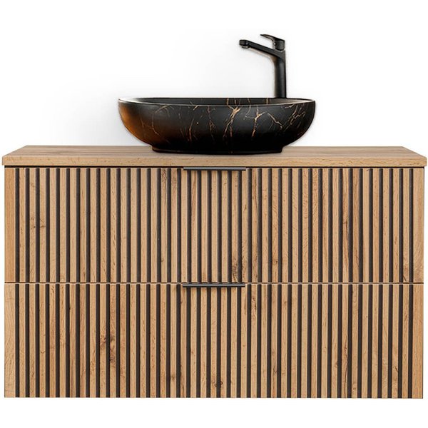 einfachgutemoebel Waschtisch-Set Bad Waschplatz Tribune 100cm, Aufsatzbecken m, Schwarz - Wotan-Eiche, (Badmöbel Set, 1-St., Waschtisch Unterschrank)