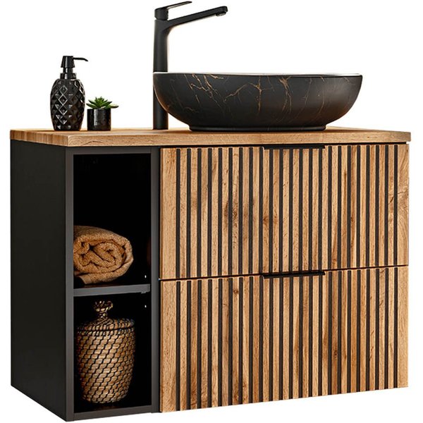 einfachgutemoebel Waschtisch-Set Bad Waschplatz Tribune 80cm, Regalfach, Schwarz - Wotan-Eiche, (Badmöbel Set, 1-St., Waschtisch Unterschrank)