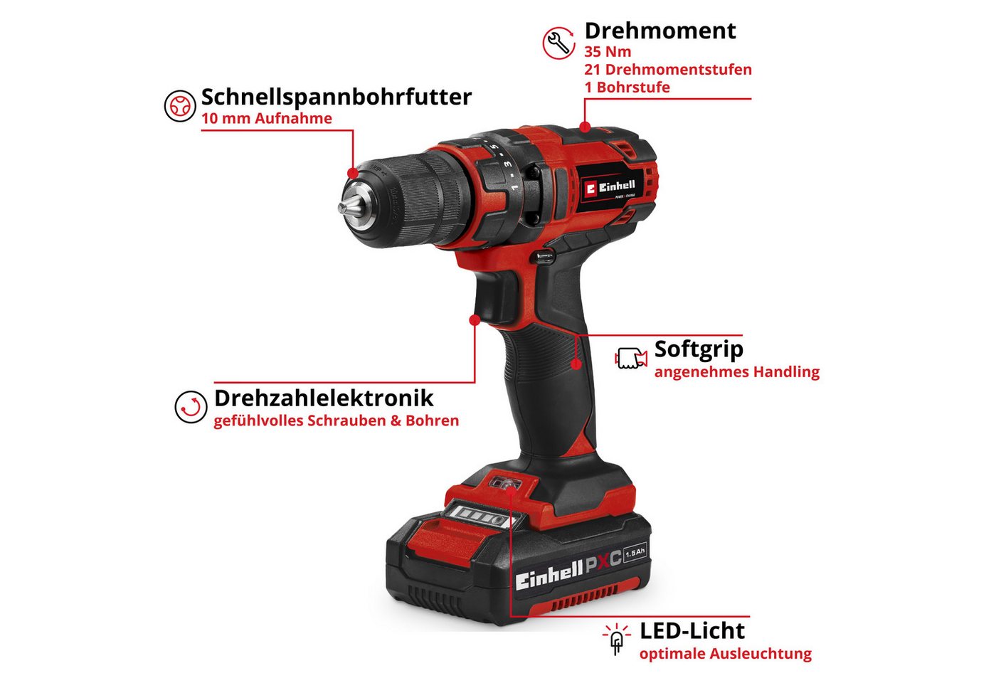 Einhell Akku-Bohrschrauber TC-CD 18/35 Li, max. 550 U/min, (Set), inkl. Akku und Ladegerät – Bild 2 von 5