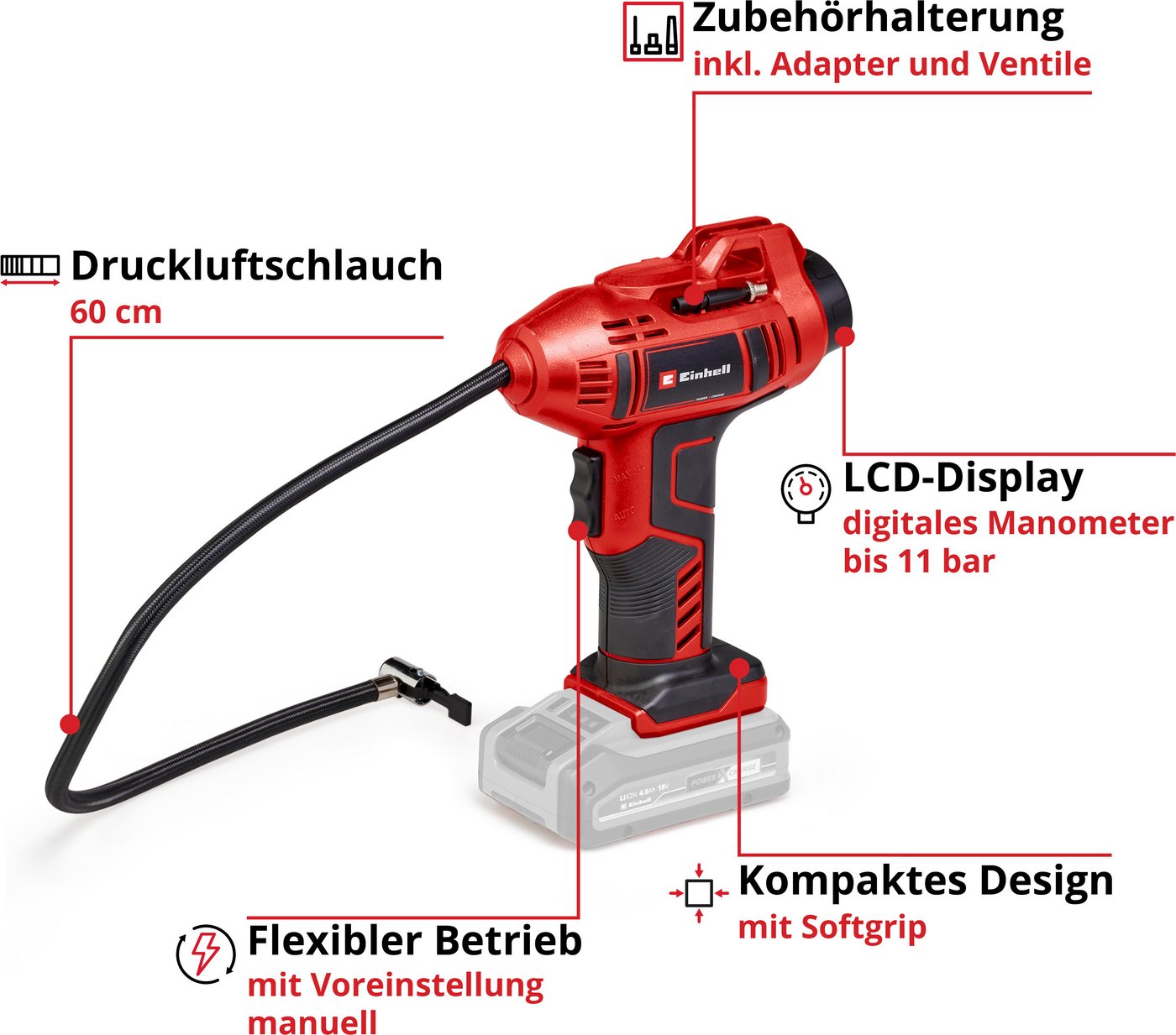 Einhell Akku-Handkompressor CE-CC 18 Li-Solo, max. 11 bar, Set, 5-tlg., Inklusive 3-teiligem Adapter-Set, ohne Akku, ohne Ladegerät – Bild 3 von 5