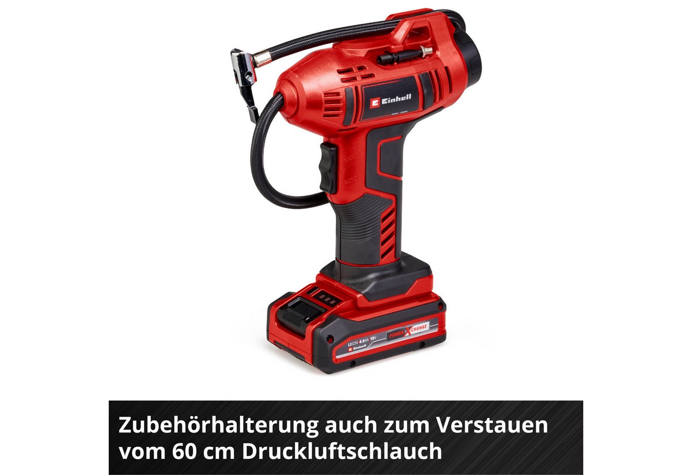 Einhell Akku-Handkompressor CE-CC 18 Li-Solo, max. 11 bar, Set, 5-tlg., Inklusive 3-teiligem Adapter-Set, ohne Akku, ohne Ladegerät – Bild 4 von 5