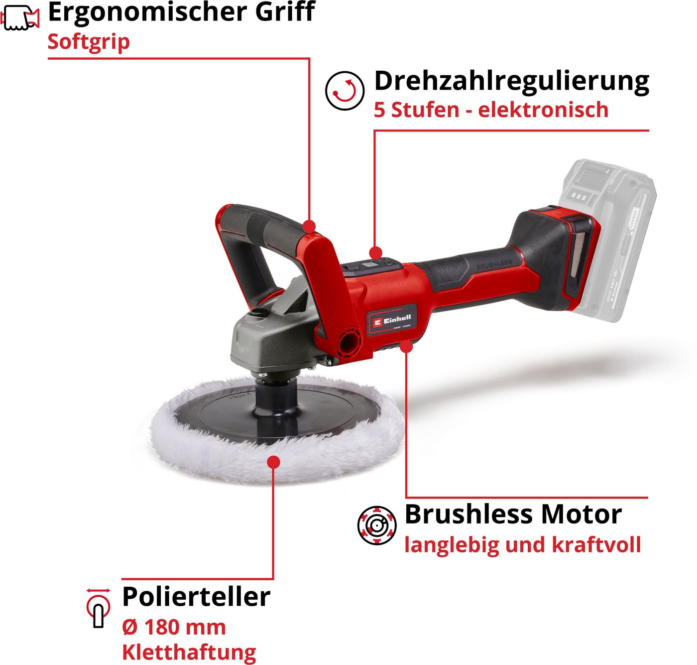 Einhell Akku-Poliermaschine CE-CP 18/180 Li E-Solo, Power X-Change, ohne Akku und Ladegerät – Bild 3 von 5