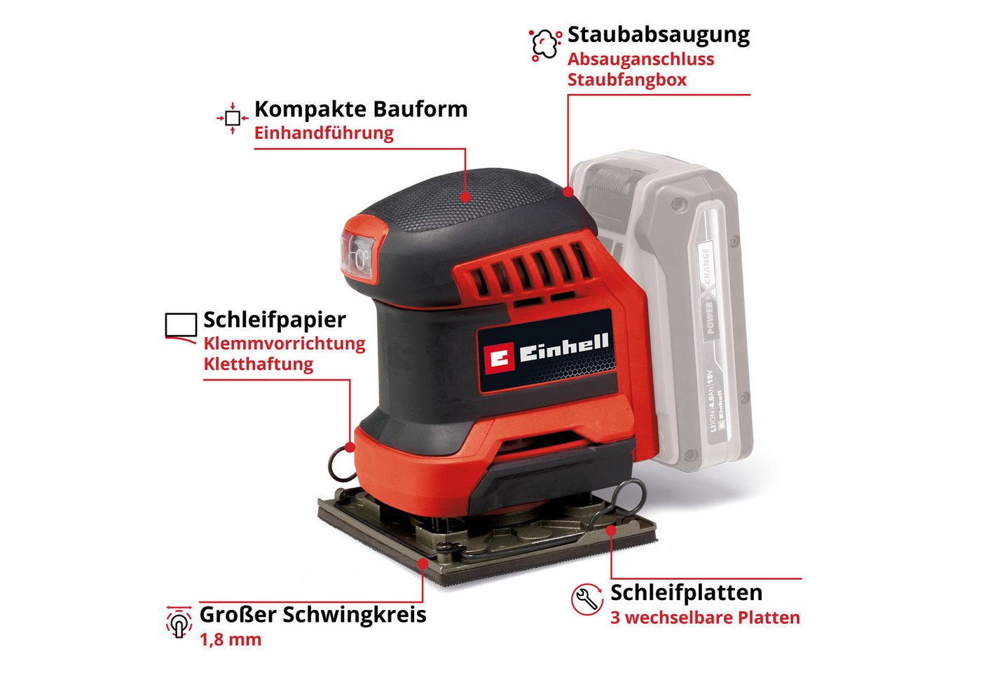 Einhell Akku-Schwingschleifer Faustschleifer TE-OS 18/113 3X Li - Solo, 22000 U/min, mit Aufbewahrungstasche und 3x Schleifpapier, ohne Akku und Ladegerät – Bild 4 von 5