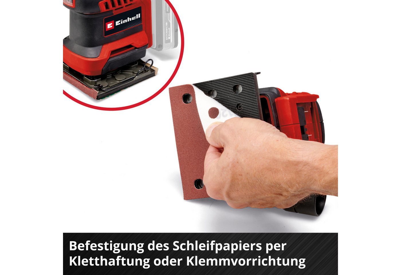 Einhell Akku-Schwingschleifer Faustschleifer TE-OS 18/113 3X Li - Solo, 22000 U/min, mit Aufbewahrungstasche und 3x Schleifpapier, ohne Akku und Ladegerät – Bild 5 von 5