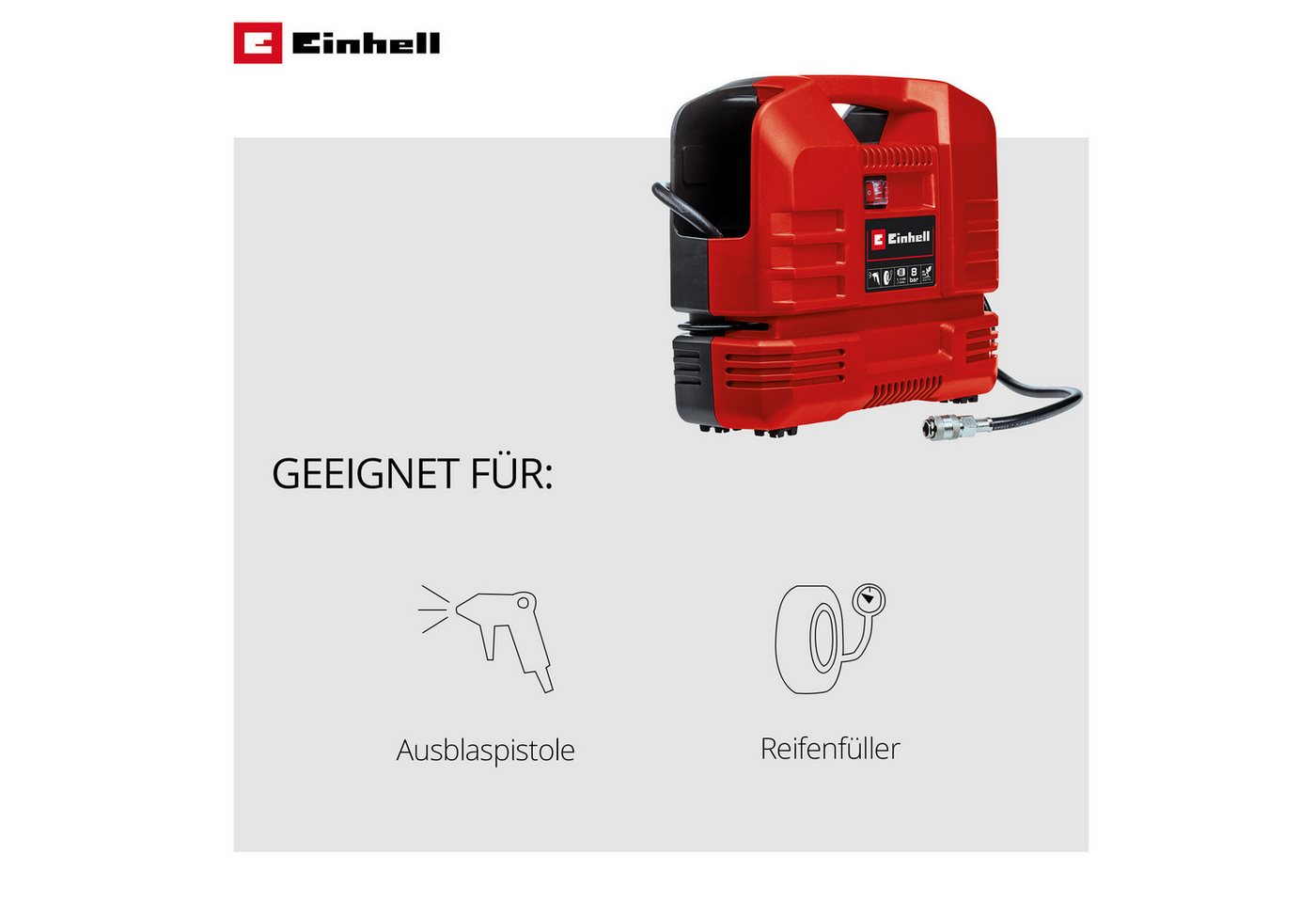Einhell Koffer-Kompressor TC-AC 190 OF Set, 1100 W, max. 8 bar, Set, 4-tlg., inkl. Koffer für universelle Aufbewahrung von Werkzeug und Zubehör – Bild 4 von 4