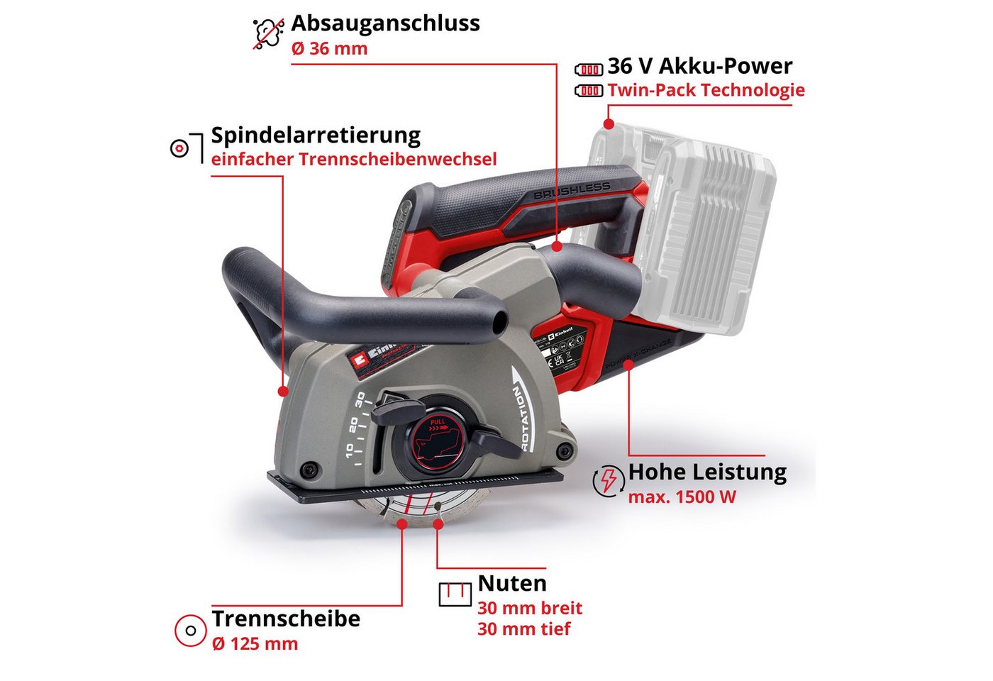 Einhell Mauernutfräse TP-MA 36/30 Li BL - Solo, mit 2 Diamant Trennscheiben und Tragetasche, ohne Akku und Ladegerät – Bild 4 von 5