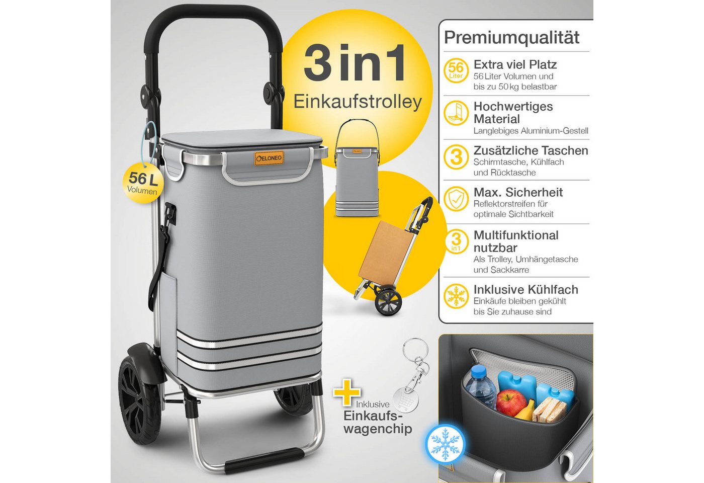 ELONEO Einkaufstrolley ELONEO Einkaufstrolley, 3in1, klappbar, Mit HängFix zum Anhängen an den Einkaufswagen – Bild 3 von 5