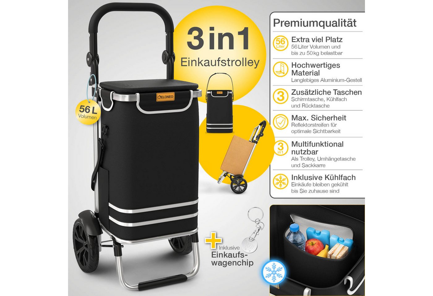 ELONEO Einkaufstrolley ELONEO Einkaufstrolley, 3in1, klappbar, Mit HängFix zum Anhängen an den Einkaufswagen – Bild 3 von 5