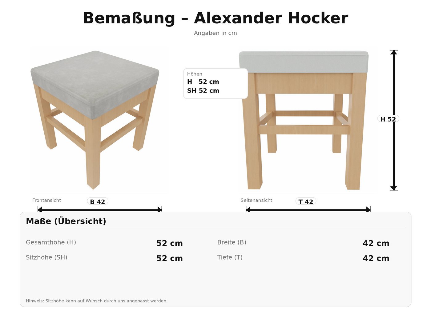 einrichtungsdesign24 Sitzhocker Schwerlasthocker Alexander – Robuster Sitzhocker mit 52cm Sitzhöhe, Belastbar bis 250kg – Bild 3 von 5