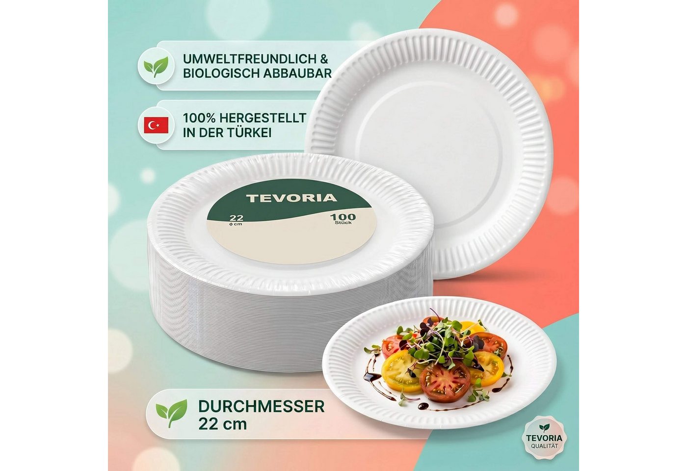 Tevoria Einwegteller Pappteller Tevoria 22 cm, 100 Stück, weiß, geriffelt, (100 St) – Bild 5 von 5