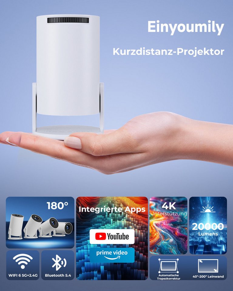 Einyoumily Mini Beamer Unterstützt 4K, Integrierte APP Android 14 Heimkino Beamer (20000 lm, 10000:1, 3840x2160 px) – Bild 3 von 5