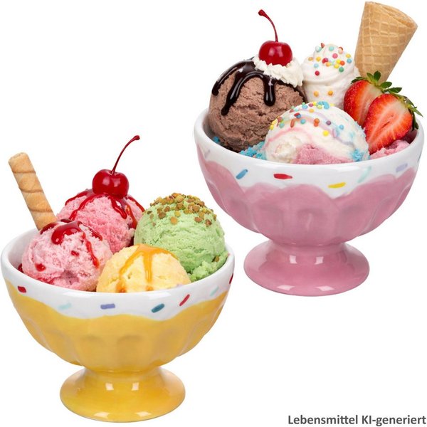 MamboCat Eisschale MamboCat 2er Set Eisbecher Sunny auf Fuß Rosa Gelb Ø12,5cm Obstschale, Steingut