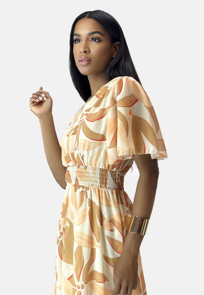 Elara Maxikleid Damen Maxikleid mit V-Ausschnitt, Chiffon-Optik & gesmokter Taille (1-tlg) – Bild 3 von 4