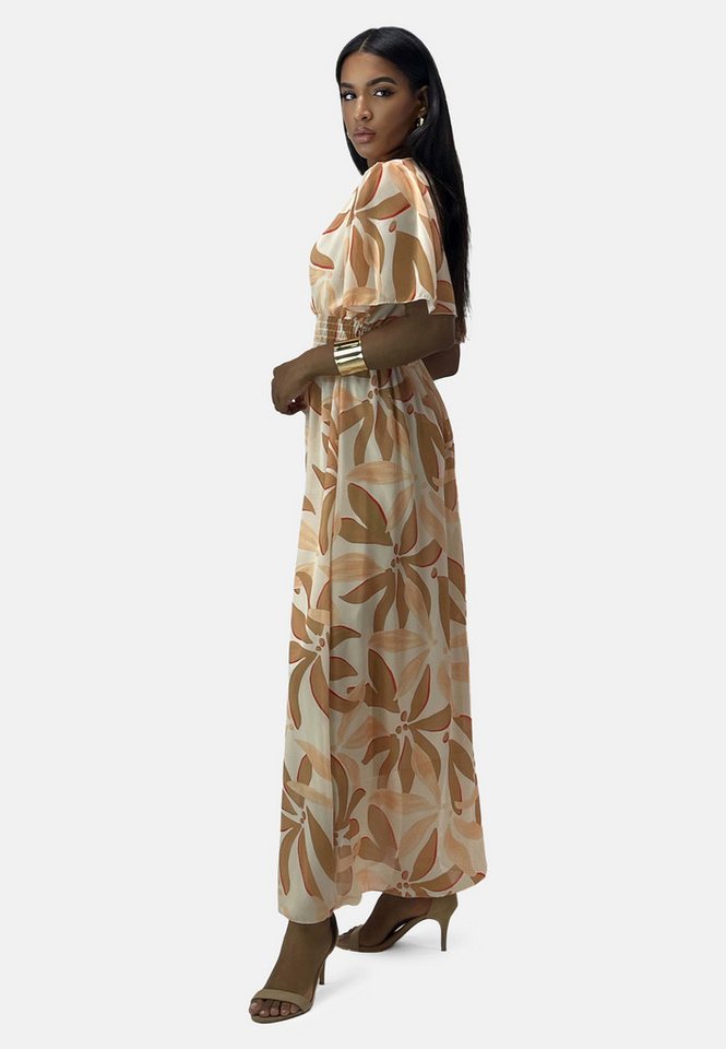Elara Maxikleid Damen Maxikleid mit V-Ausschnitt, Chiffon-Optik & gesmokter Taille (1-tlg) – Bild 4 von 4