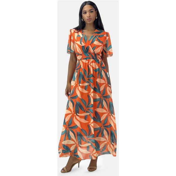 Elara Maxikleid Damen Maxikleid mit V-Ausschnitt, Chiffon-Optik & gesmokter Taille (1-tlg)