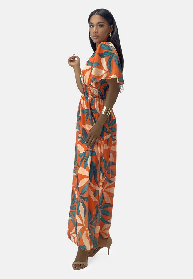 Elara Maxikleid Damen Maxikleid mit V-Ausschnitt, Chiffon-Optik & gesmokter Taille (1-tlg) – Bild 2 von 4