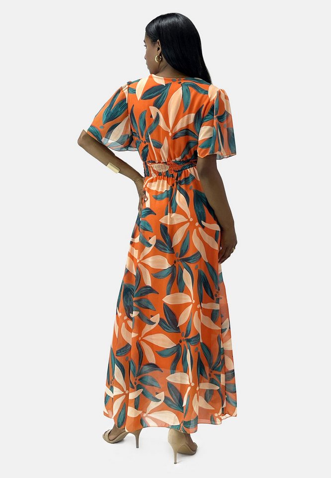 Elara Maxikleid Damen Maxikleid mit V-Ausschnitt, Chiffon-Optik & gesmokter Taille (1-tlg) – Bild 4 von 4