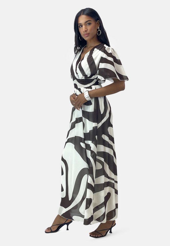 Elara Maxikleid Damen Maxikleid mit V-Ausschnitt, Chiffon-Optik & gesmokter Taille (1-tlg) – Bild 3 von 4