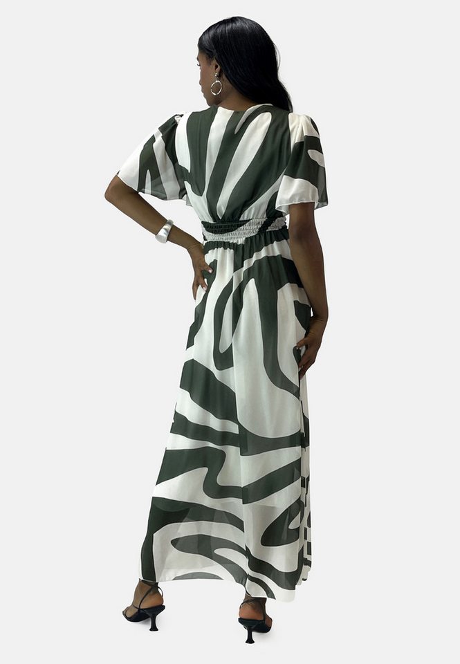 Elara Maxikleid Damen Maxikleid mit V-Ausschnitt, Chiffon-Optik & gesmokter Taille (1-tlg) – Bild 4 von 4