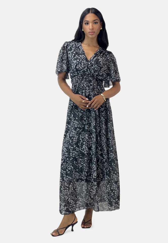 Elara Maxikleid Damen Maxikleid mit V-Ausschnitt, Chiffon-Optik & gesmokter Taille (1-tlg) – Bild 2 von 4