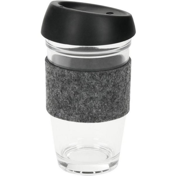 elasto Becher 500ml Kaffeebecher aus Glas mit Silikon-Deckel inkl Filzmanschette, Coffee Mug, Teeglas, Kaffeeglas, Heißgetränke, Filzmanschette, To-Go