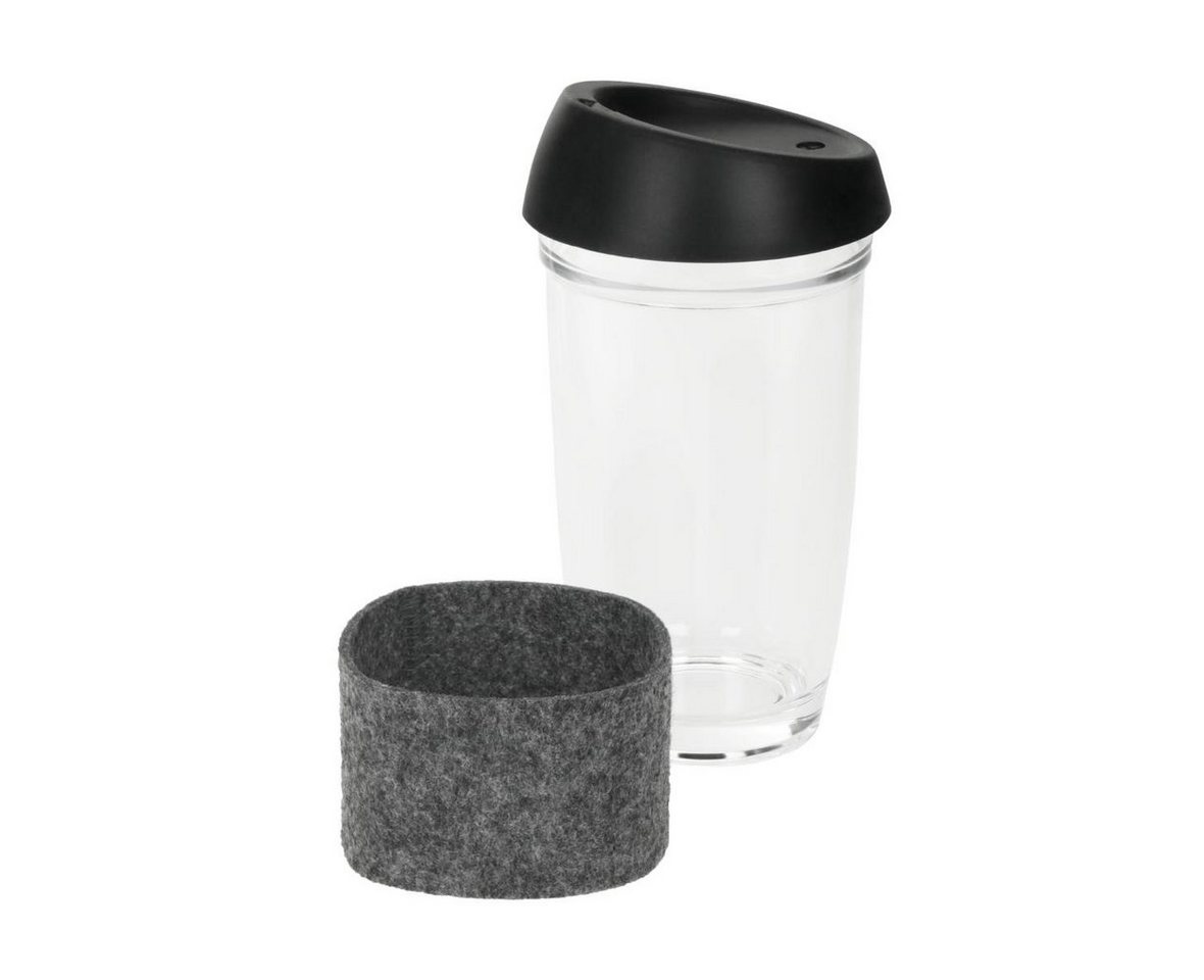 elasto Becher 500ml Kaffeebecher aus Glas mit Silikon-Deckel inkl Filzmanschette, Coffee Mug, Teeglas, Kaffeeglas, Heißgetränke, Filzmanschette, To-Go – Bild 2 von 3
