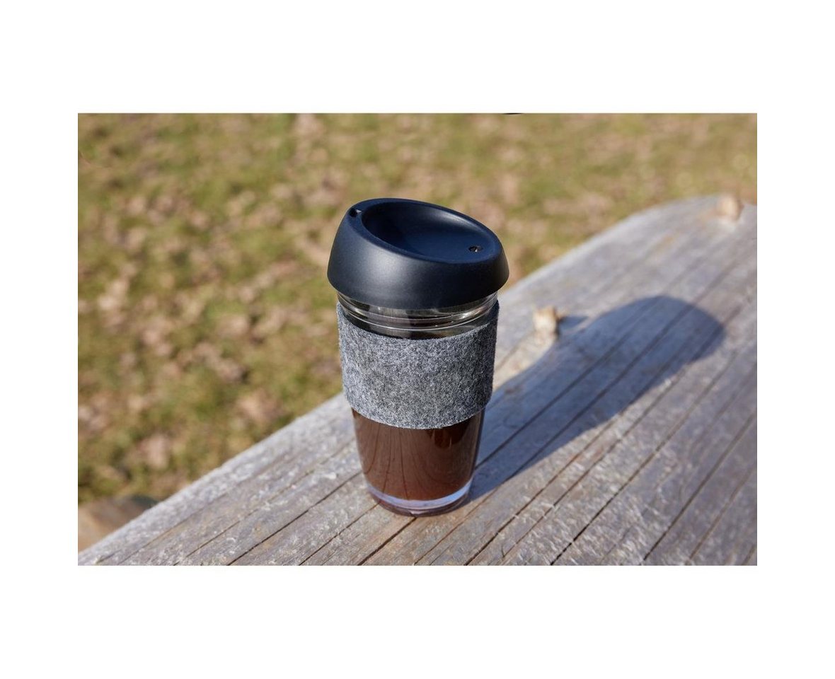 elasto Becher 500ml Kaffeebecher aus Glas mit Silikon-Deckel inkl Filzmanschette, Coffee Mug, Teeglas, Kaffeeglas, Heißgetränke, Filzmanschette, To-Go – Bild 3 von 3