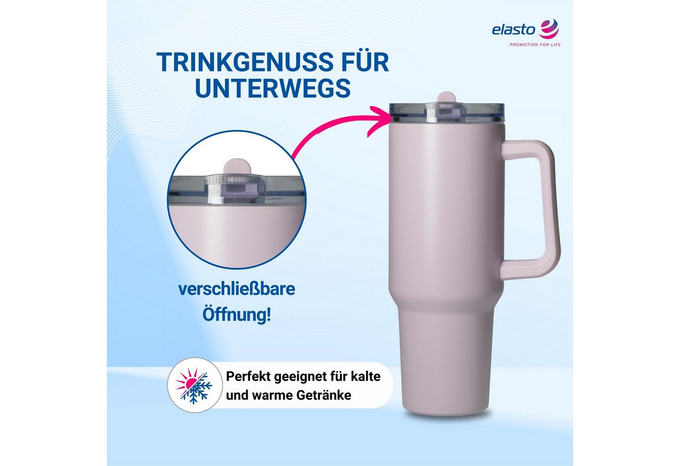 elasto Becher Edelstahl Trinkbecher mit Deckel und Strohhalm 1,2, isoliert, robust, für unterwegs – Bild 3 von 5