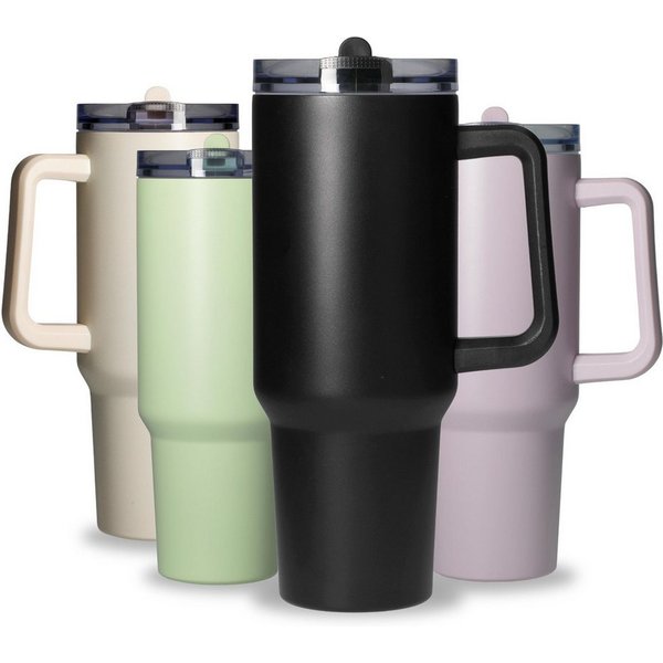 elasto Becher Edelstahl Trinkbecher mit Deckel und Strohhalm 1,2, isoliert, robust, für unterwegs