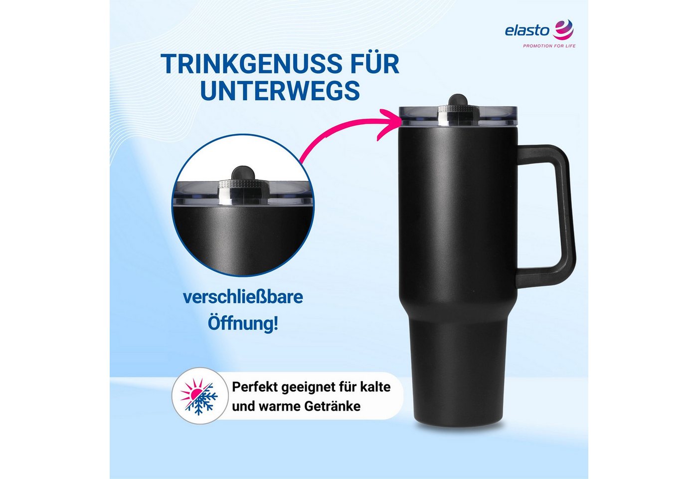 elasto Becher Edelstahl Trinkbecher mit Deckel und Strohhalm 1,2, isoliert, robust, für unterwegs – Bild 3 von 5